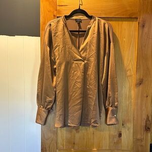 Ann Taylor Brown Stretch Satin V-Neck Blouse